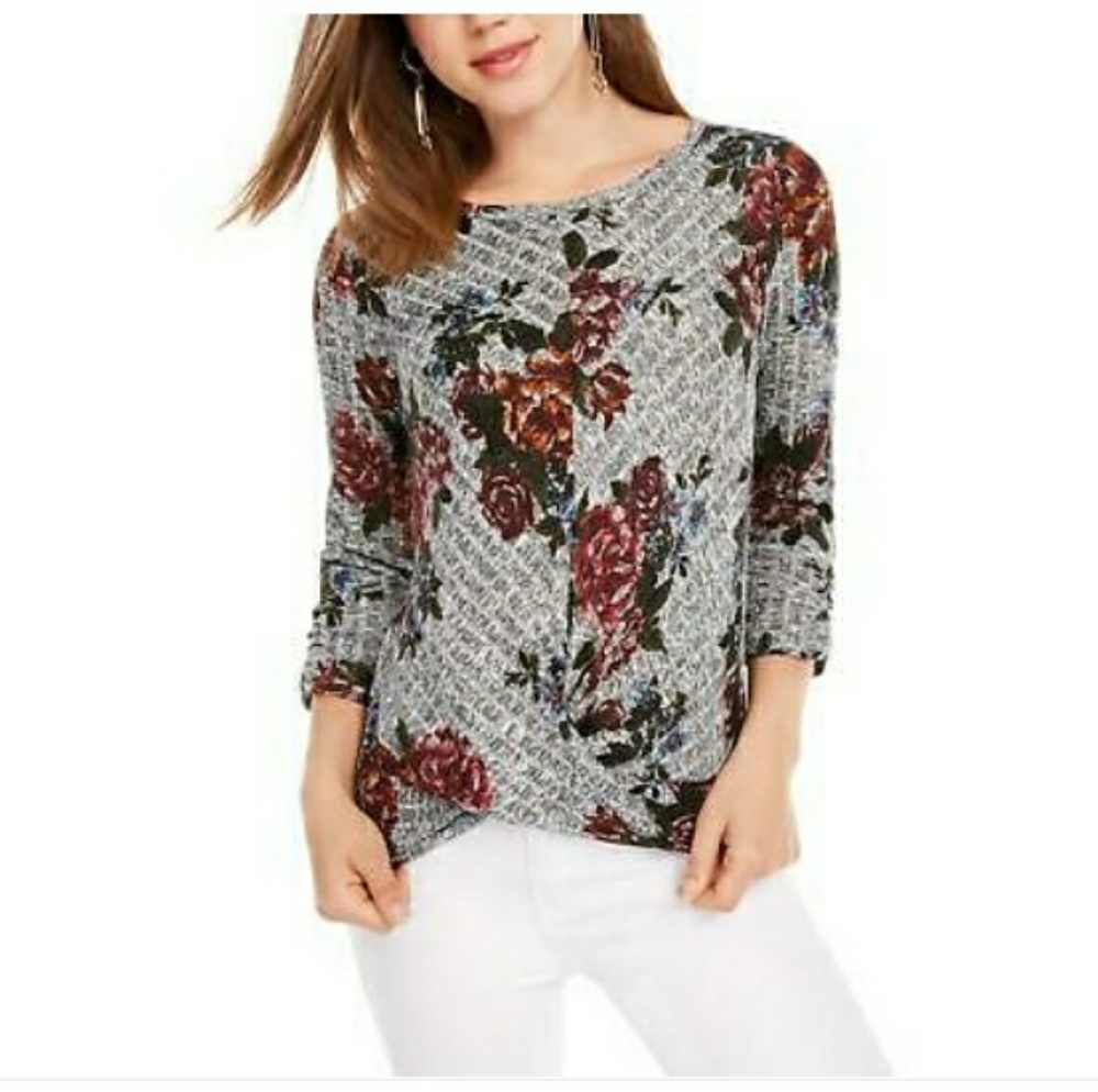 BCX Floral Print Twist-Front Knit Top